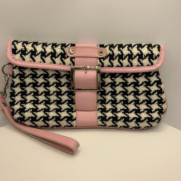 Sondra Roberts 9x5 Houndstooth Black, White and Pink Clutch - Picture 1 of 8